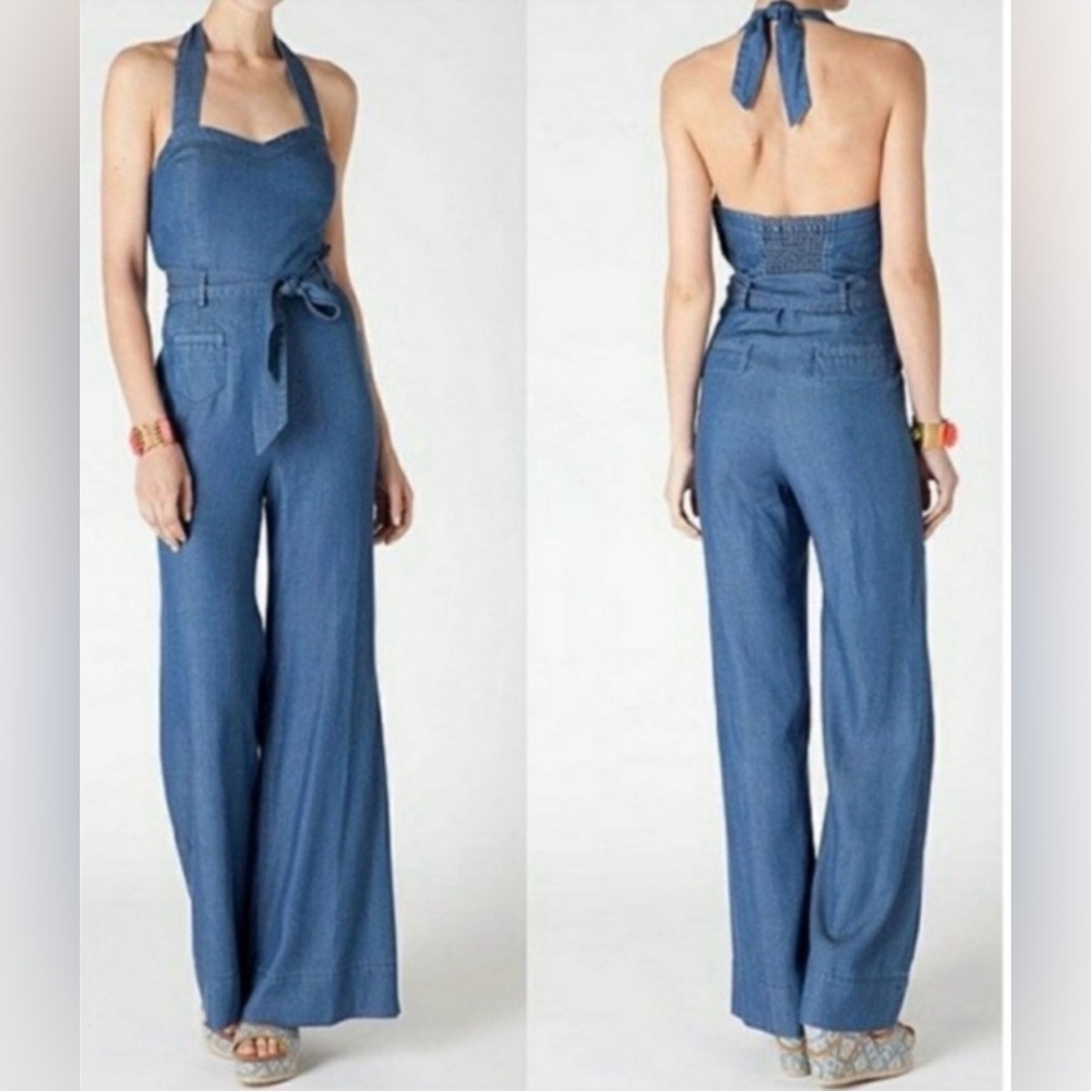 ELEVENSES Women Sharlene Denim Halter Wide-Leg Belted Jumpsuit Boho Smocked Sz 6